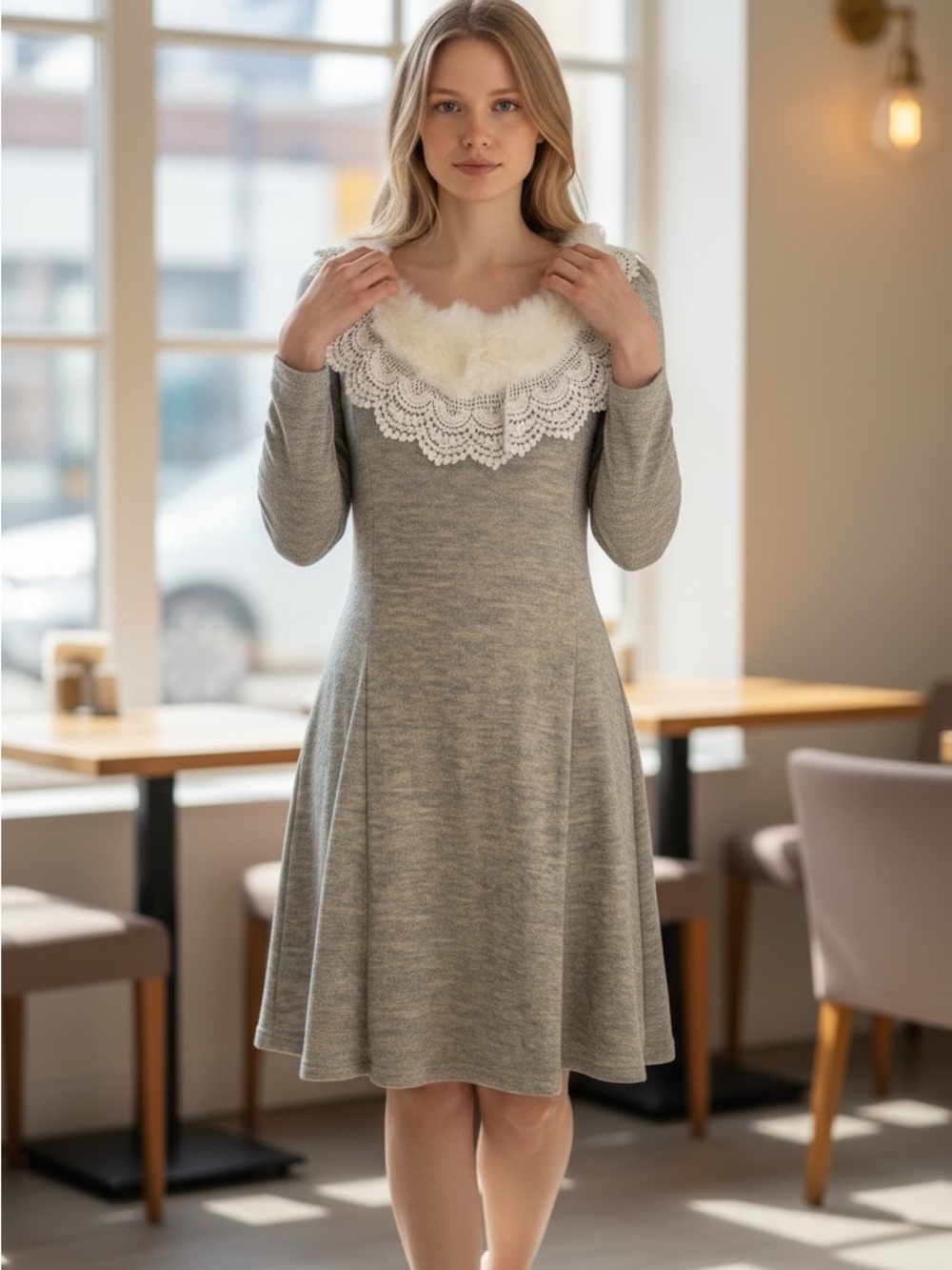 A'Reve Grey Knit Long-Sleeve Dress with Lace & Rabbit Fur Trim Mori Girl